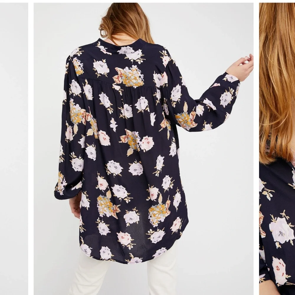 Free People Julia Floral Oversized High Low Blouse Navy Size XS NWOT